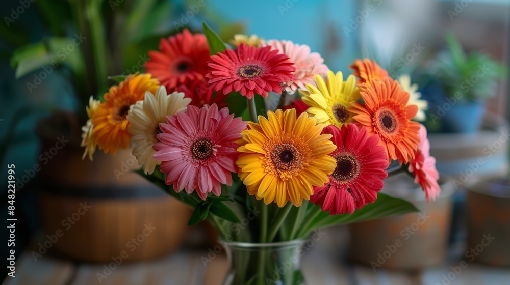A vase filled with colorful gerbera daisies on a window sill. A vase filled with colorful gerbera daisies on a window sill.