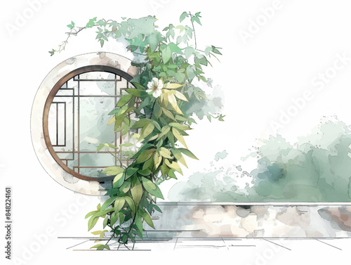 A watercolor painting featuring a circular window framed by a vine with green leaves and white blossoms