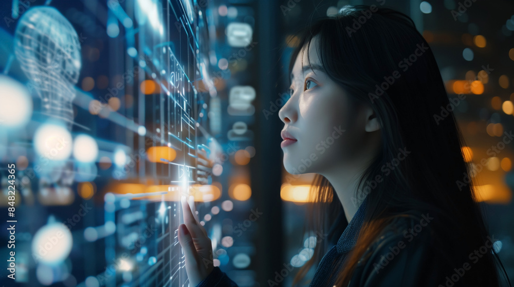 AI cybersecurity threat analysis, young Asian female expert examining data, futuristic IT visuals, AR and AI interface, side view, copy space AI cybersecurity threat analysis, young Asian female expert examining data, futuristic IT visuals, AR and AI interface, side view, copy space