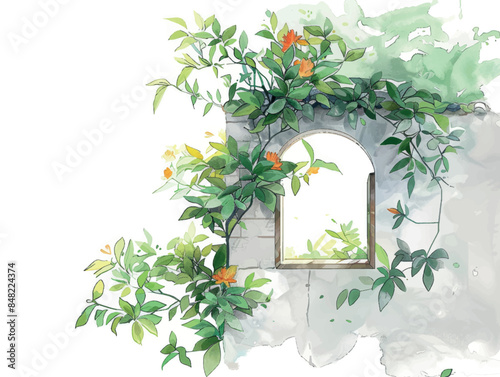 Watercolor painting of green vines growing around a stone archway window