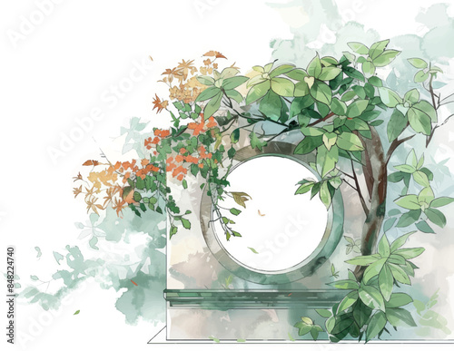 A watercolor painting of green foliage and orange blossoms around a circular window in a stone wall