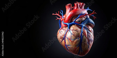 Anatomical model of the human heart with veins and arteries on a dark background , heart, human, anatomy, model, medical