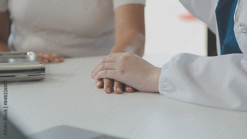 Doctor and nurse examining patient's medical records and medical team working on the background Doctor and nurse examining patient's medical records and medical team working on the background