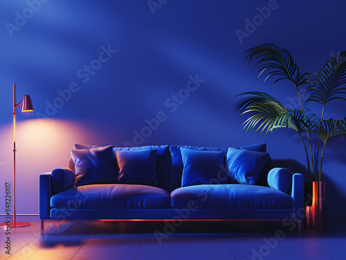 In a digital drawing, a blue sofa is bathed in gentle light