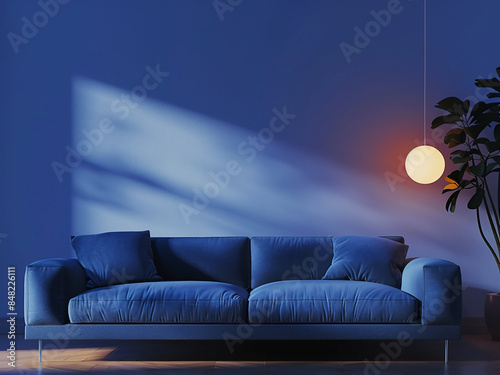 A digital drawing depicts a blue sofa illuminated by soft light