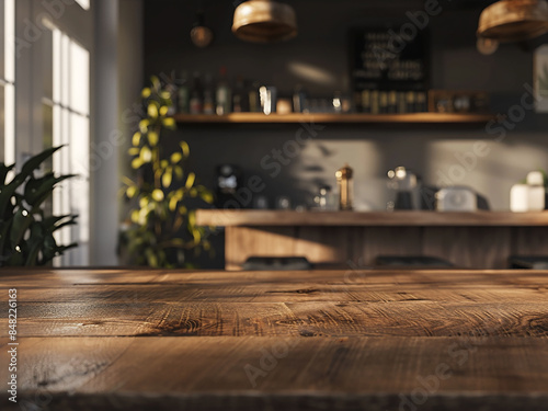 Wooden countertops set the scene in a blurred kitchen background