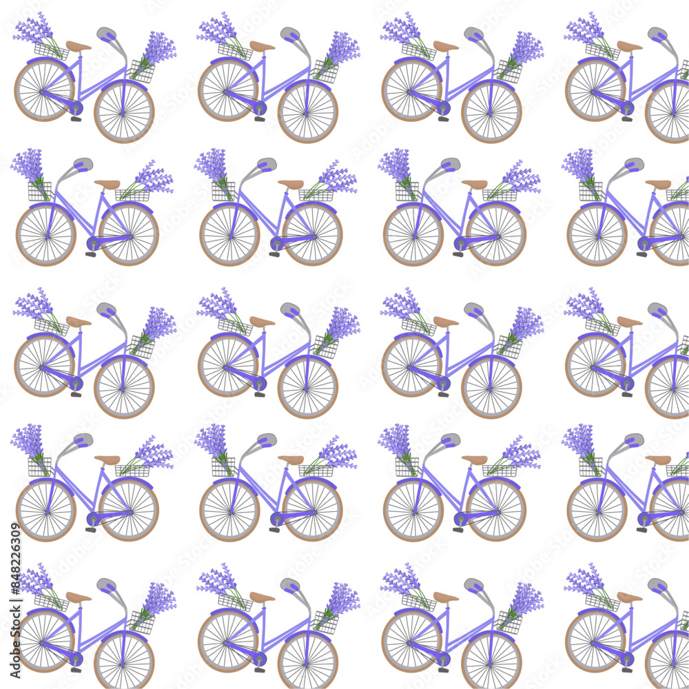 Seamless pattern for packaging and wrapping paper. Lilac women's bicycle with a basket on the front and rear wheels and a bouquet of lavender flowers on a white background. Vector. Print for a T-shirt Seamless pattern for packaging and wrapping paper. Lilac women's bicycle with a basket on the front and rear wheels and a bouquet of lavender flowers on a white background. Vector. Print for a T-shirt