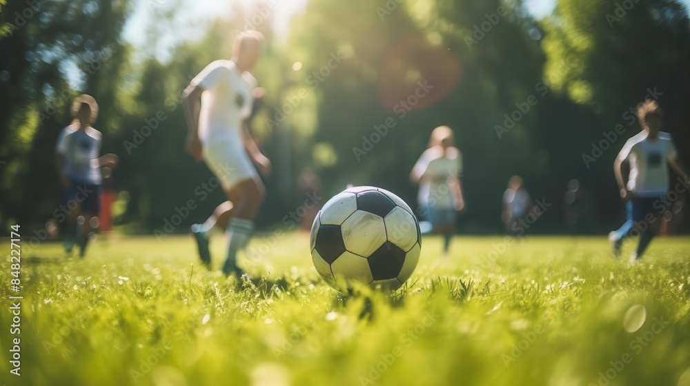 Fototapeta premium Playing soccer in a sunny park, focus on, team sport, vibrant, fusion, green field backdrop