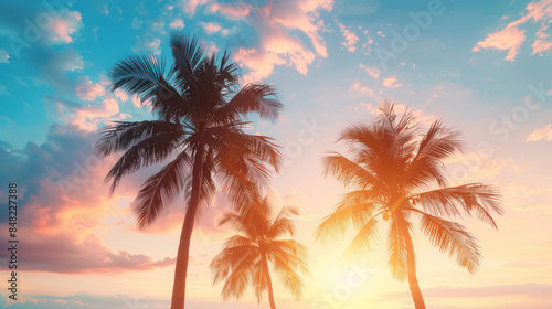 Palm trees swaying gently in the breeze against a tropical sunset