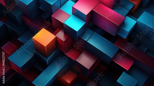 Colorful geometric shapes intertwined, close up, visual complexity, vibrant, blend mode, dark background backdrop