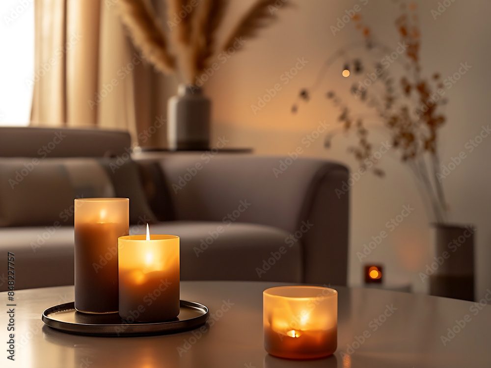 A modern living room ambiance is set by burning candles atop a table A modern living room ambiance is set by burning candles atop a table