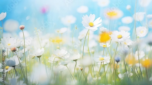 Blooming wildflowers in a meadow, close up, springtime renewal, whimsical, overlay, pastoral field backdrop © Premreuthai