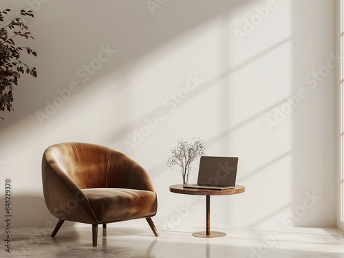 Armchair with table and air freshener by a light wall photo