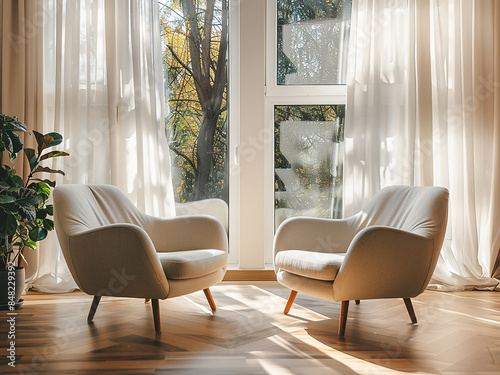 Stylish curtains adorn windows near comfortable armchairs in a living room