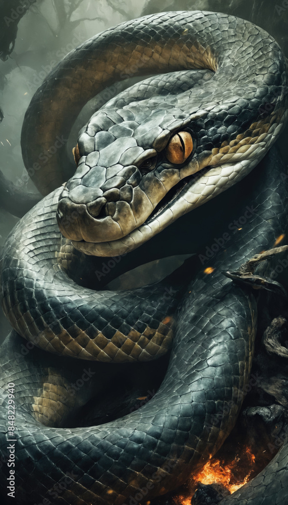 Obraz premium Fantasy Illustration of a wild snake. Digital art style wallpaper background.