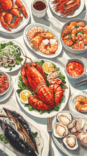 Delicious Seafood Feast with Lobster, Shrimp, Oysters, and Crabs on a White Table Setting - Fresh and Appetizing Seafood Platter for Gourmet Dining and Culinary Delight photo