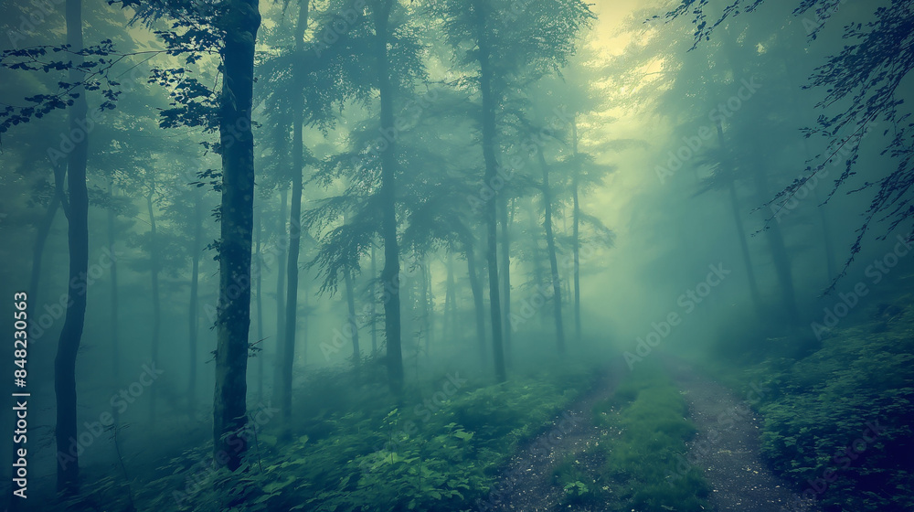 Naklejka premium The foggy interior of a forest creates an enchanting and mysterious atmosphere.