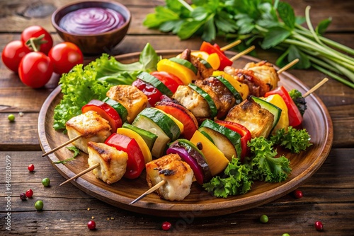Grilled chicken kebabs with colorful fresh vegetables on skewers, grilled, chicken, kebabs, vegetables, skewers, healthy