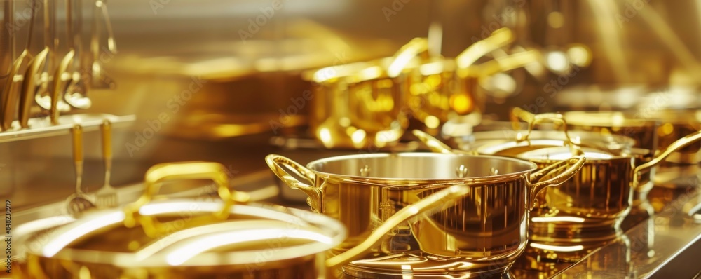 Shiny stainless steel pots and pans in luxury restaurant kitchen, banner. Generative AI... Shiny stainless steel pots and pans in luxury restaurant kitchen, banner. Generative AI...