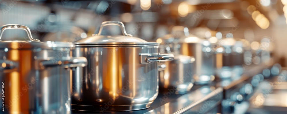 Shiny stainless steel pots and pans in luxury restaurant kitchen, banner. Generative AI... Shiny stainless steel pots and pans in luxury restaurant kitchen, banner. Generative AI...