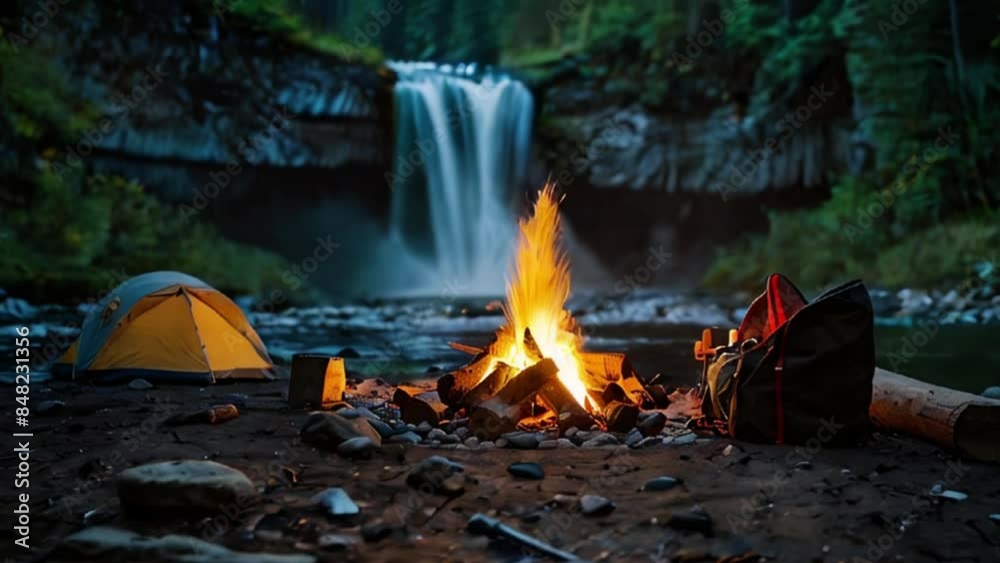 Campfire with Waterfall in the Background Campfire with Waterfall in the Background