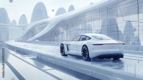 White Car Driving on Road with Futuristic Glass Wall Background in 3D Rendering Style, High Angle View, White Color Scheme, Modern and Technological Feel