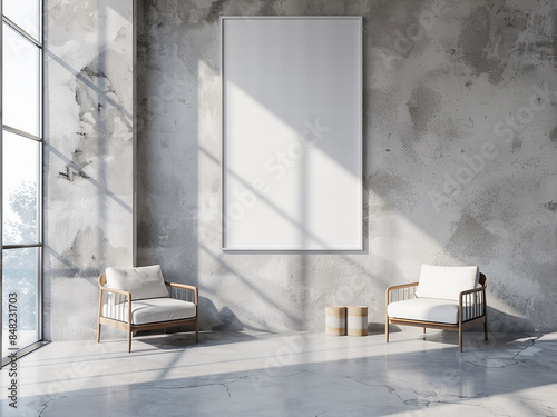 Studio interior corner displays minimalist design with a white poster