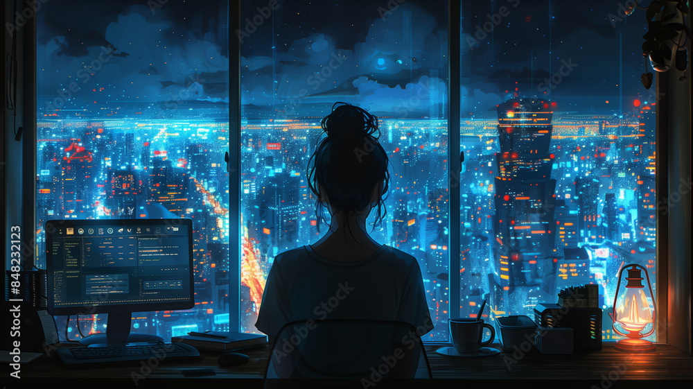 A lofi girl sitting at her desk working with a beautiful view out of the window, headphones, coding, manga style, comic style, anime style, 4K, 16:9 A lofi girl sitting at her desk working with a beautiful view out of the window, headphones, coding, manga style, comic style, anime style, 4K, 16:9