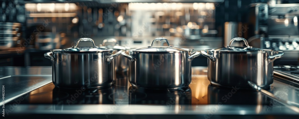 Shiny stainless steel pots and pans in luxury restaurant kitchen, banner. Generative AI... Shiny stainless steel pots and pans in luxury restaurant kitchen, banner. Generative AI...