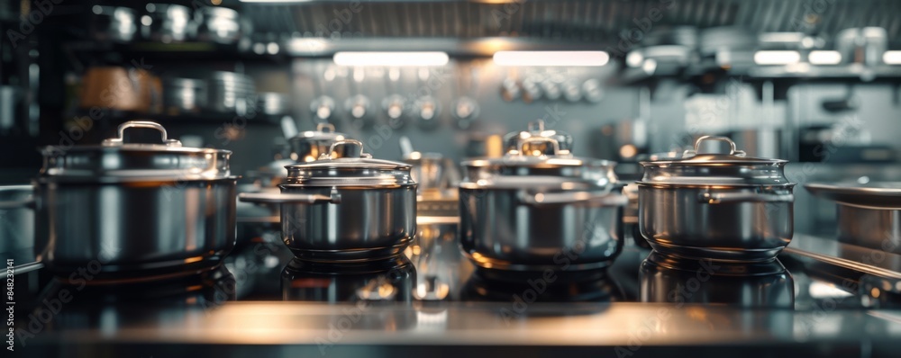 Shiny stainless steel pots and pans in luxury restaurant kitchen, banner. Generative AI... Shiny stainless steel pots and pans in luxury restaurant kitchen, banner. Generative AI...