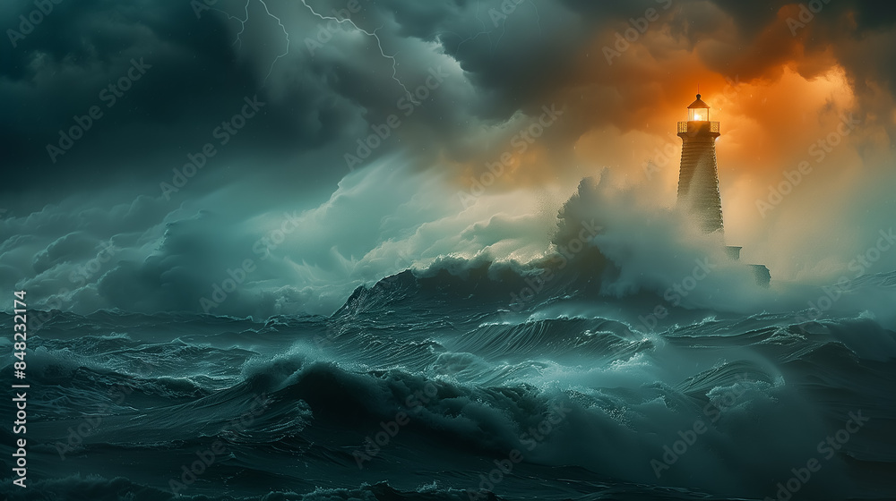 Lighthouse in the middle of a stormy ocean. Large waves and dark clouds ...