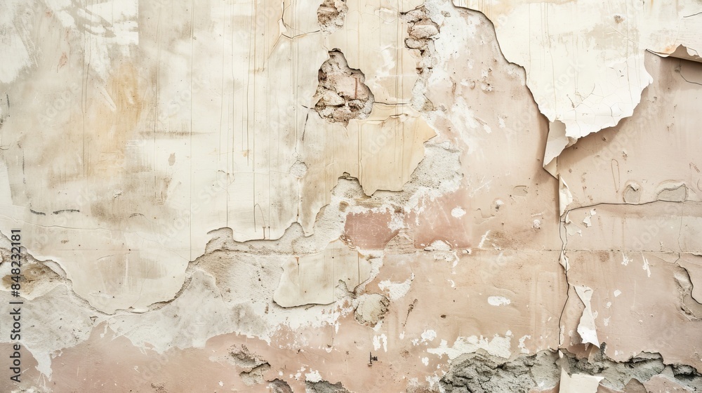 Obraz premium Destroyed Old Plaster Wall Texture Background. Weathered Vintage Grunge Wall Surface with Cracks and Peeled Paint