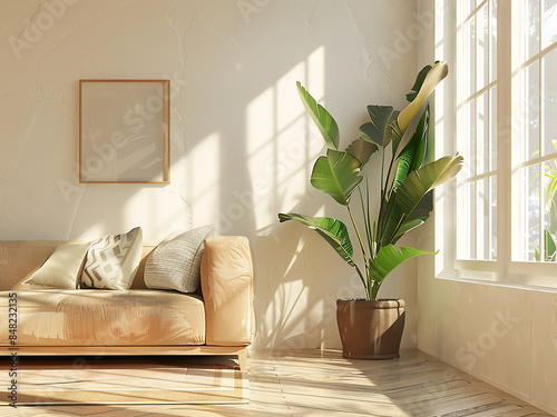 Comfortable living space, lush greenery in pots, bathed in sunlight