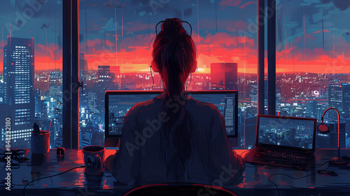 A lofi girl sitting at her desk working with a beautiful view out of the window, headphones, coding, manga style, comic style, anime style, 4K, 16:9