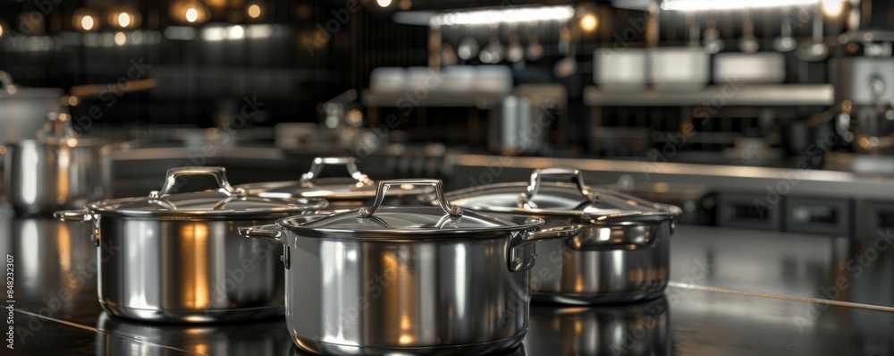 Shiny stainless steel pots and pans in luxury restaurant kitchen, banner. Generative AI... Shiny stainless steel pots and pans in luxury restaurant kitchen, banner. Generative AI...
