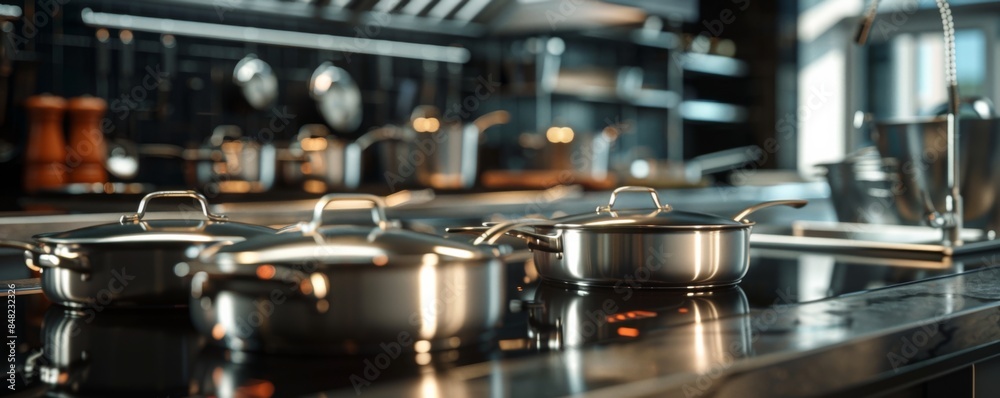 Shiny stainless steel pots and pans in luxury restaurant kitchen, banner. Generative AI... Shiny stainless steel pots and pans in luxury restaurant kitchen, banner. Generative AI...