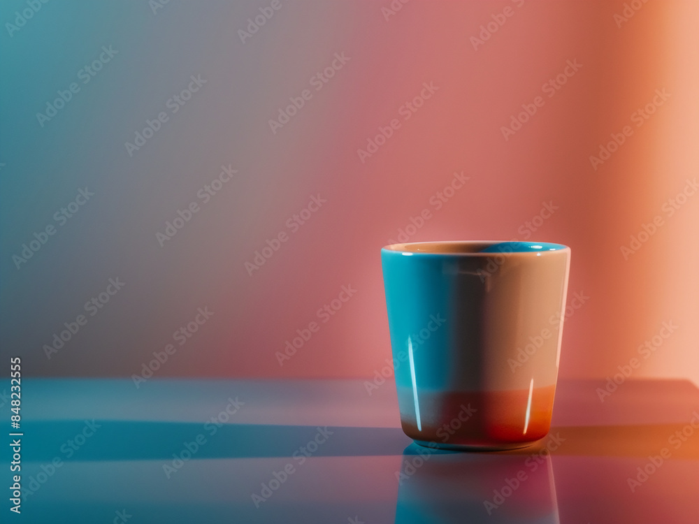 Cup positioned on a stylish table set against a vibrant wall Cup positioned on a stylish table set against a vibrant wall