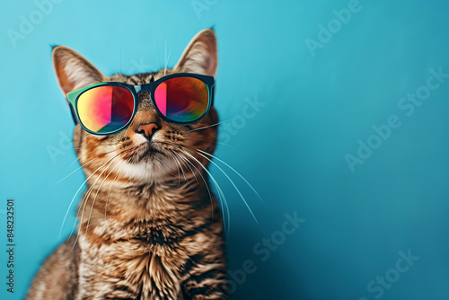 Portrait of a cute happy cat wearing colorful sunglasses on a blue background. Copy space for text. © Andrii