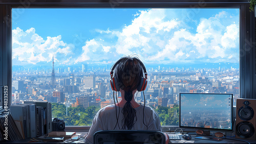 A lofi girl sitting at her desk working with a beautiful view out of the window, headphones, coding, manga style, comic style, anime style, 4K, 16:9