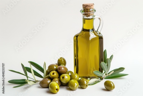 Bottle of fresh extra virgin olive oil and green olives with leaves isolated on white background photo
