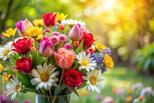 Beautiful bouquet of assorted flowers including roses, tulips, and daisies in a garden setting, blossom, bloom, petal