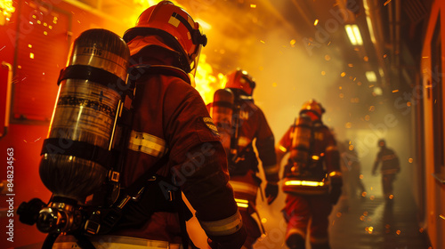 A group of firefighters are running through a burning building. The scene is intense and chaotic, with the firefighters working together to put out the fire and save lives © OMGAi