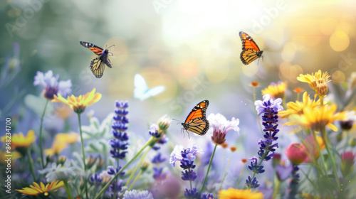 Pollinator garden with bees and butterflies among the flowers photo