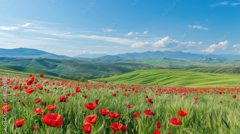 Poppy field in vibrant red with a backdrop of rolling green hills Poppy field in vibrant red with a backdrop of rolling green hills