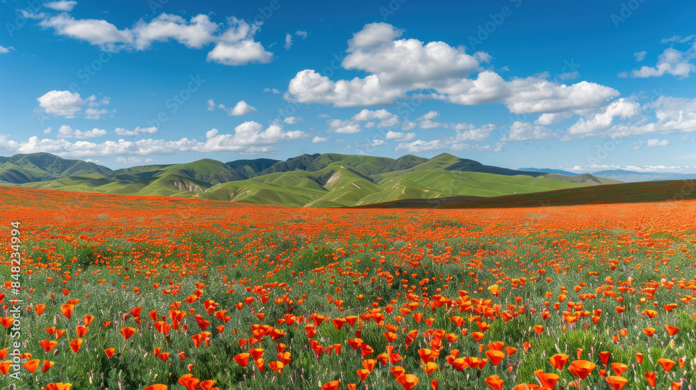 Poppy field in vibrant red with a backdrop of rolling green hills Poppy field in vibrant red with a backdrop of rolling green hills