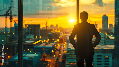 Businessman Overlooking Cityscape at Sunset. A silhouette of a businessman looking out of a window at a cityscape during sunset, reflecting on urban growth and future opportunities.