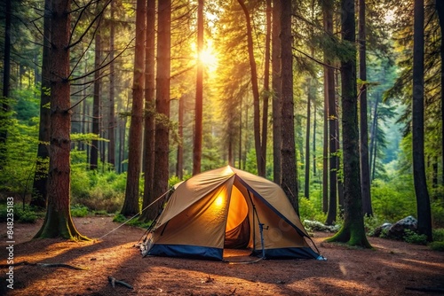A cozy tent nestled in a serene wild forest campsite, tent, wild, forest, campsite, traveling, adventure, nature