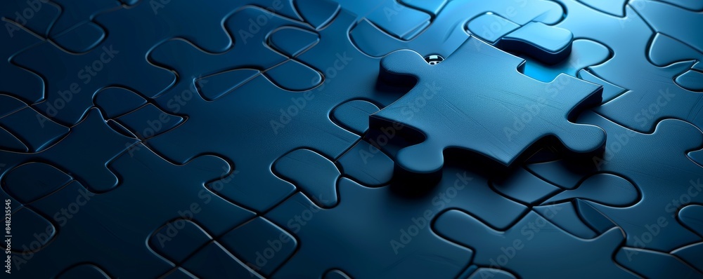 Close-up of a single puzzle piece placed in the last slot, symbolizing completion and problem-solving in a blue monochromatic color scheme. Close-up of a single puzzle piece placed in the last slot, symbolizing completion and problem-solving in a blue monochromatic color scheme.