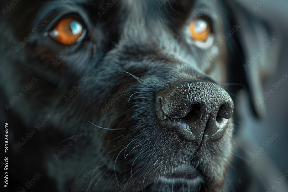 An extreme close-up of a black dog's face, focusing on its nose and eyes, capturing the texture and detail of the fur and skin. An extreme close-up of a black dog's face, focusing on its nose and eyes, capturing the texture and detail of the fur and skin.