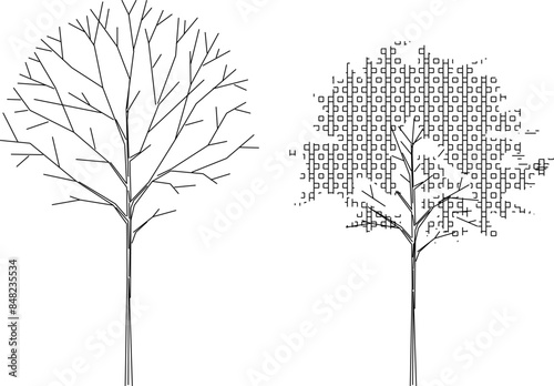 Vector silhouette illustration sketch detailed artistic tree plant design with lots of leaves and twigs for completeness of the image